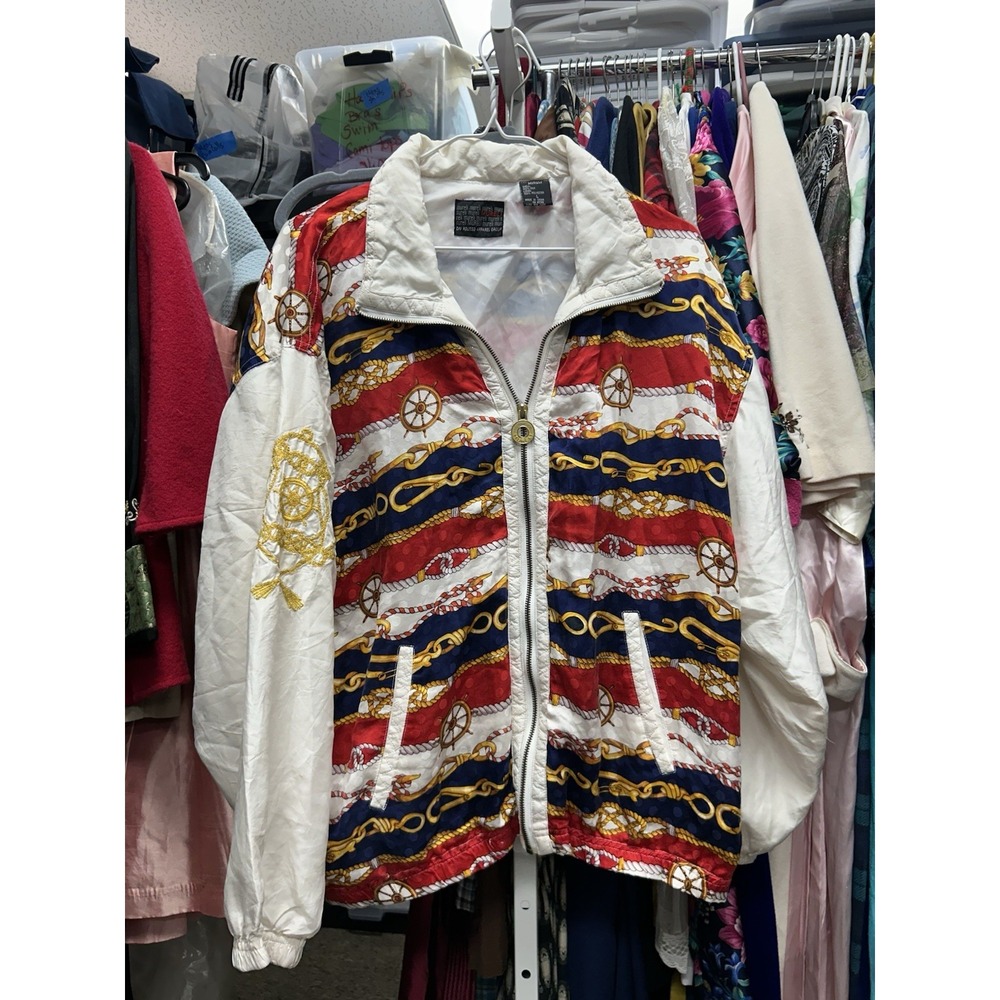 Mureli Vintage 100% Silk Red White Nautical Print Bomber Jacket M Gold Appliqué